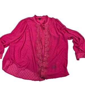 Torrid Hot Pink Swiss Dot Lace Trim Tie Neck Blouse‎ Plus Size 3
